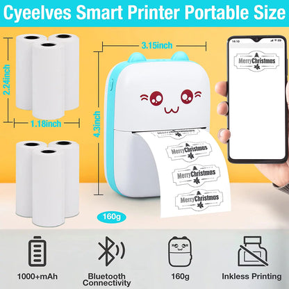 Portable Printer, Mini Pocket Wireless Bluetooth Thermal Printers with 6 Rolls Printing Paper for Android Ios Smartphone