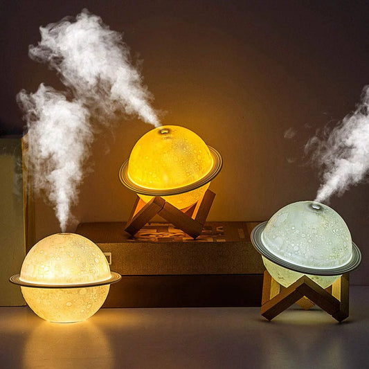 Humidificador, luz nocturna de luna 2 en 1 con recarga USB, soporte de luz de luna LED 3D de 3 colores con soporte I 330 ml