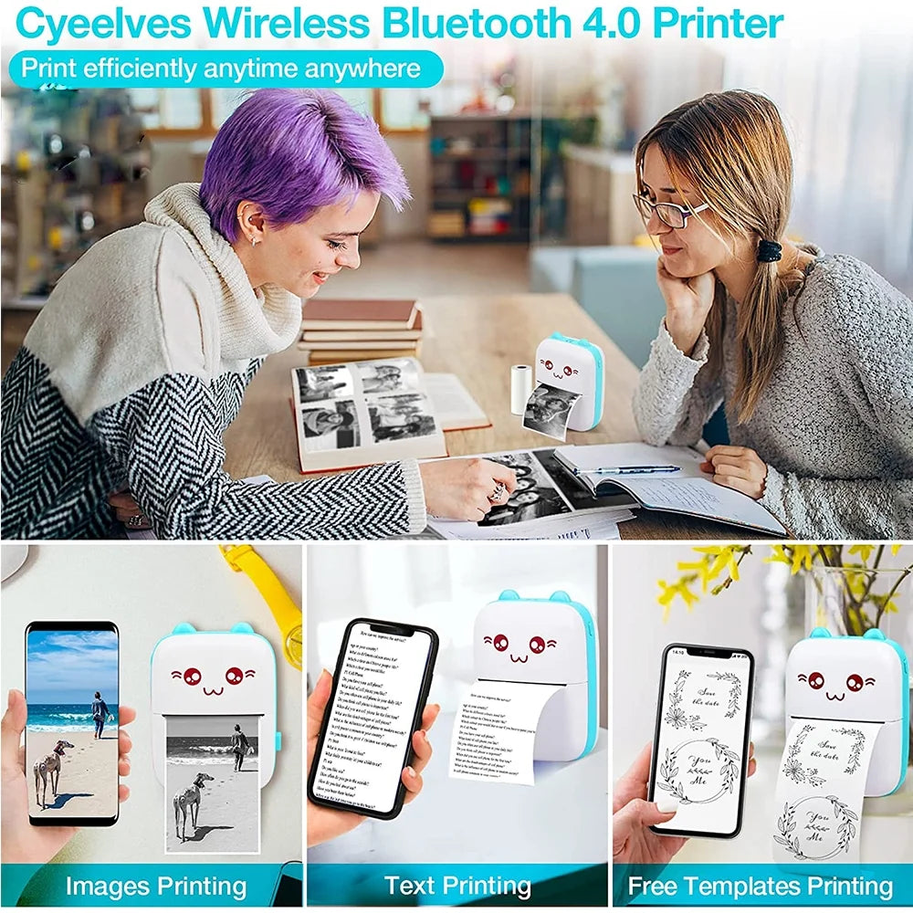 Portable Printer, Mini Pocket Wireless Bluetooth Thermal Printers with 6 Rolls Printing Paper for Android Ios Smartphone